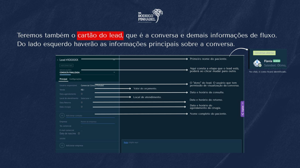 Cartão do lead com as informações do lado esquerdo e a conversa